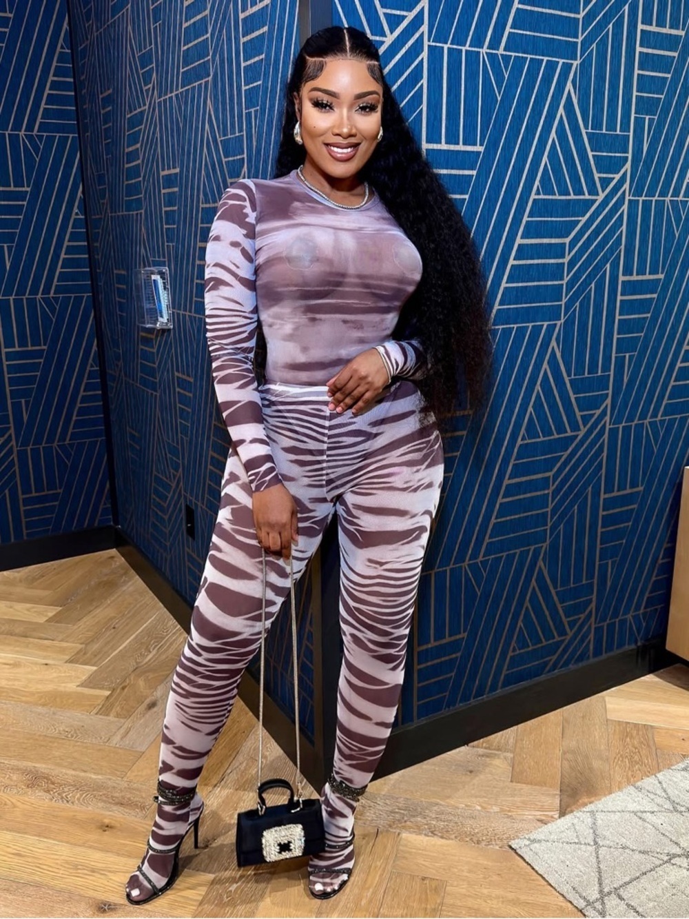 Women's Brown Printed Long-Sleeve Jumpsuit